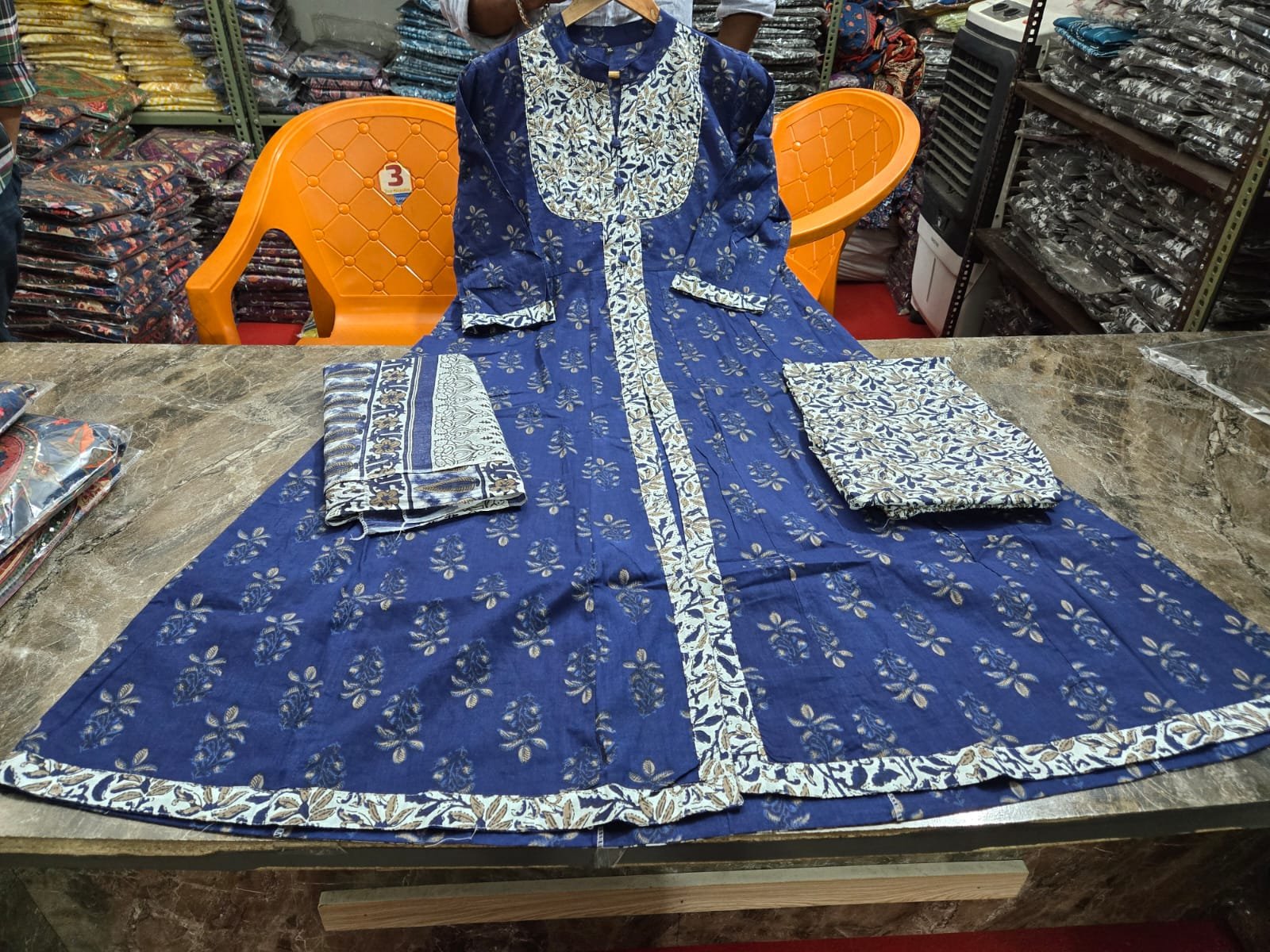 Blue Printed Cotton Anarkali Kurti Pant Dupatta Set